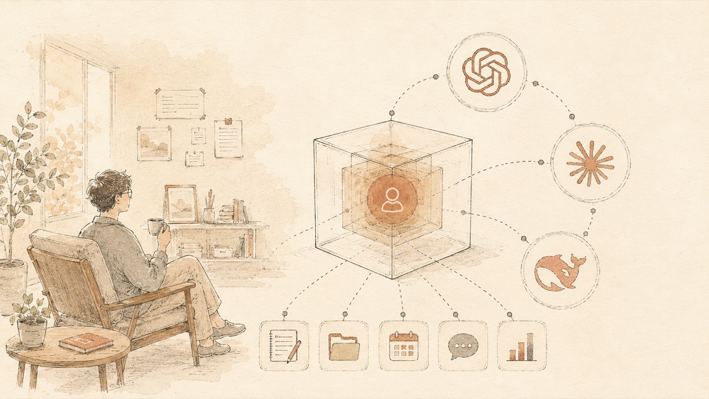 Warm editorial illustration cover for Afu OS
