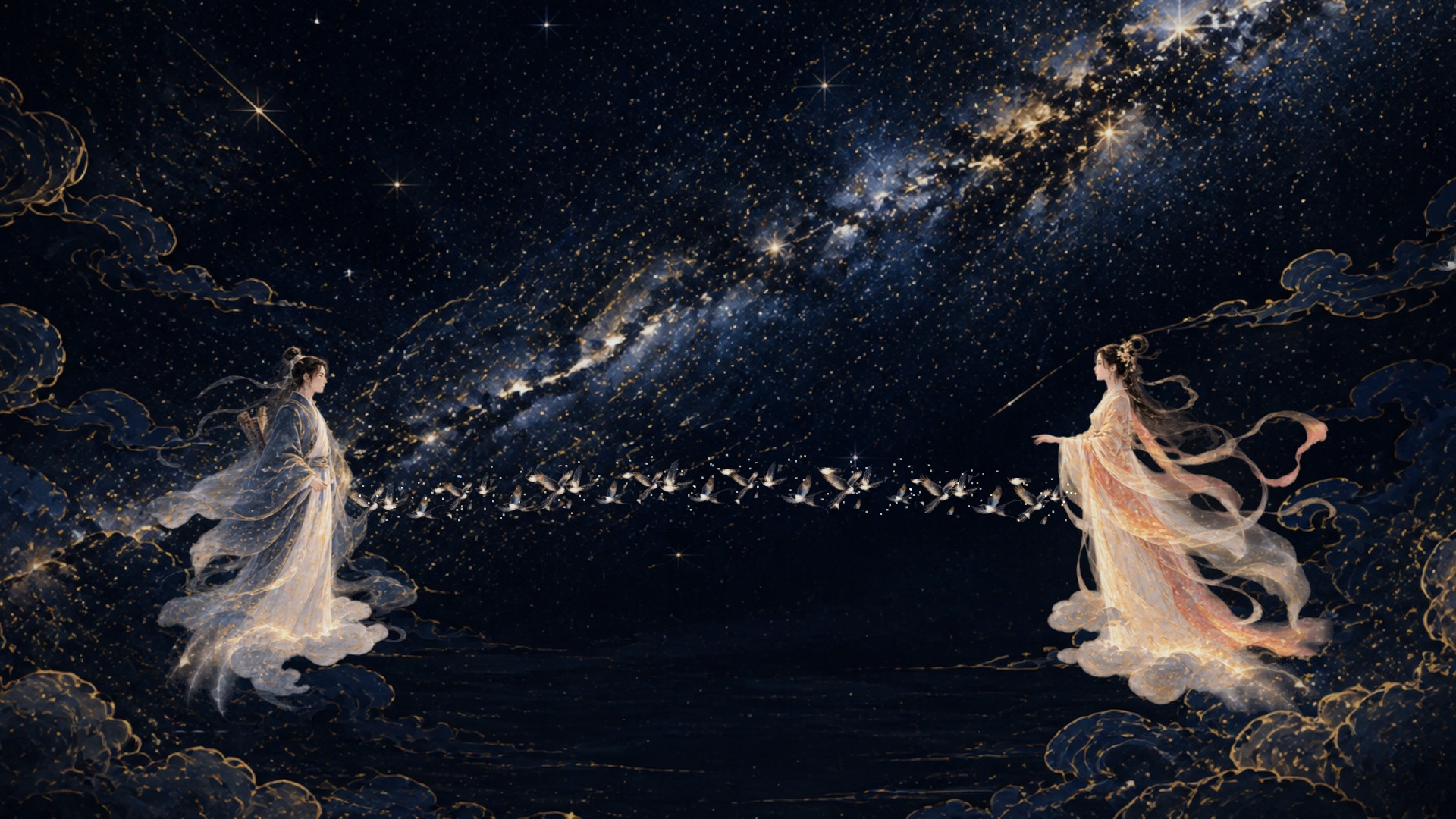 A star-filled Magpie Bridge scene with two figures connected by birds