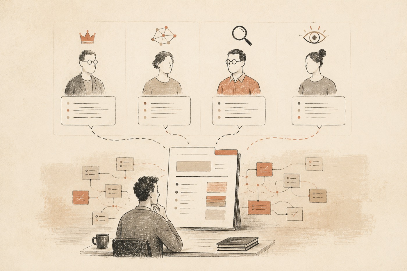 Warm editorial illustration cover for Research Deliberation